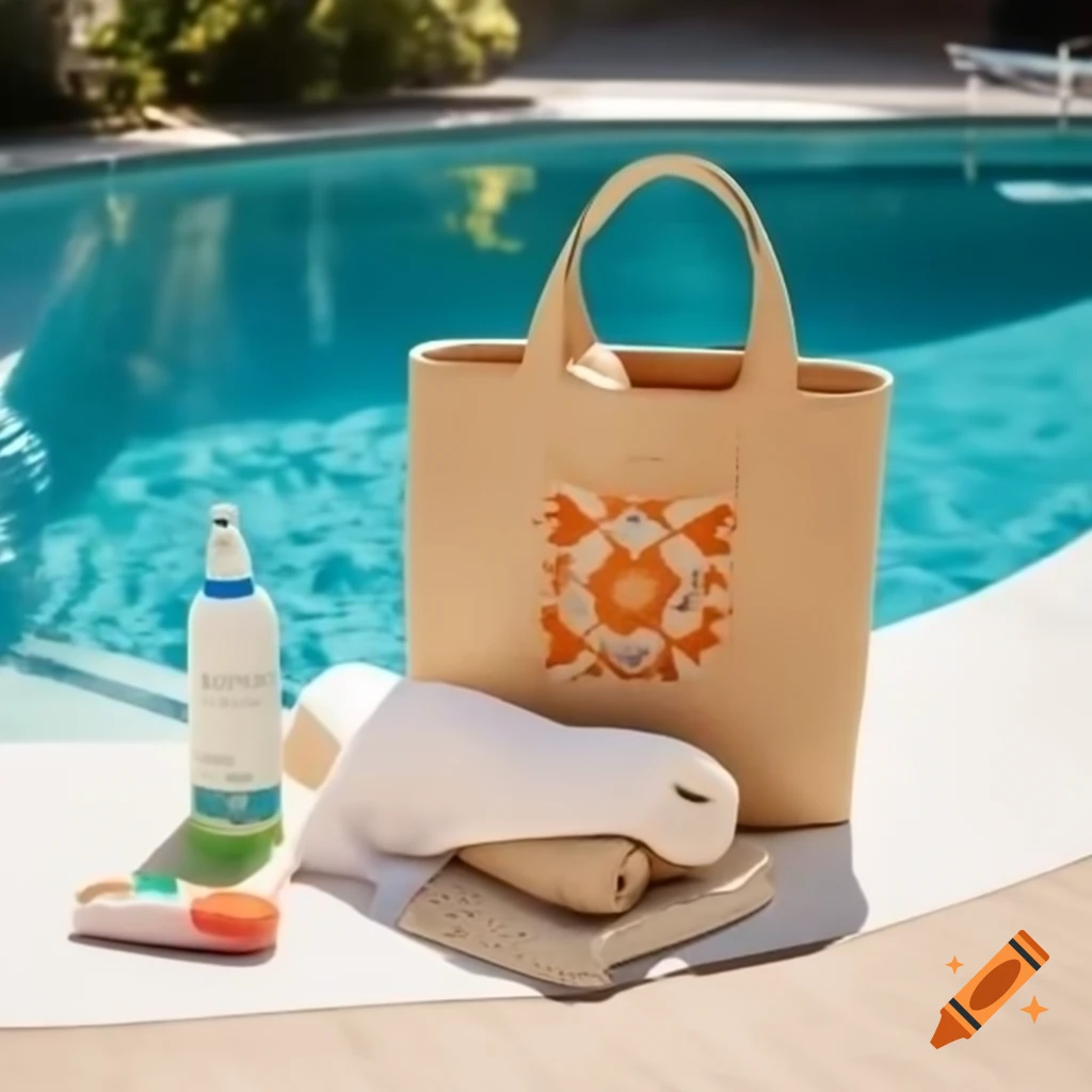Jute tote bag by swimming pool with turquoise water and sunny vacation vibe