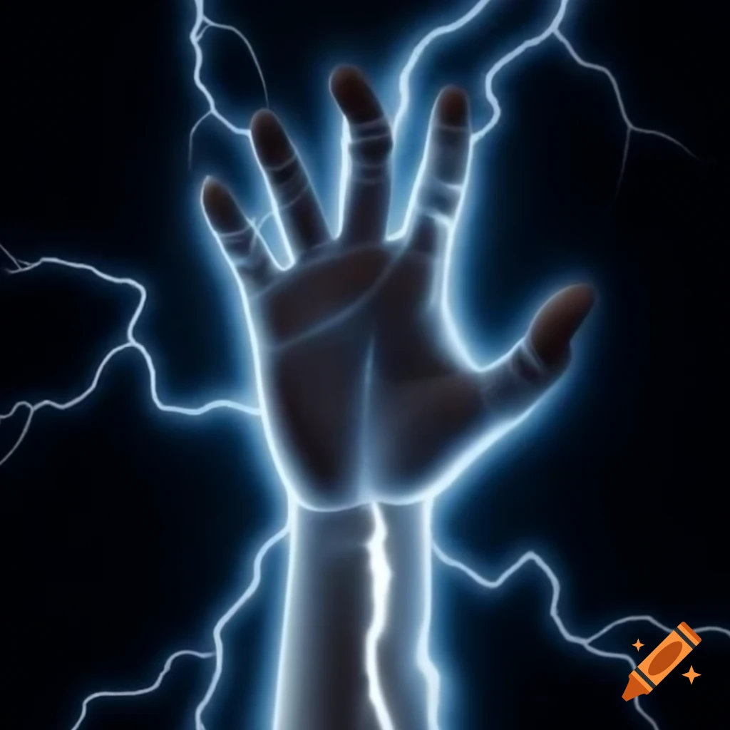 Photorealistic hand with fingers transformed into lightning bolts