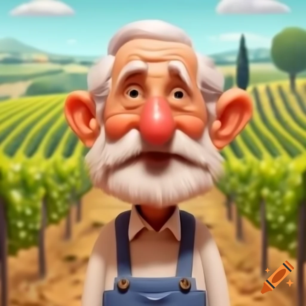Cartoon of four elderly men with a vineyard in the background