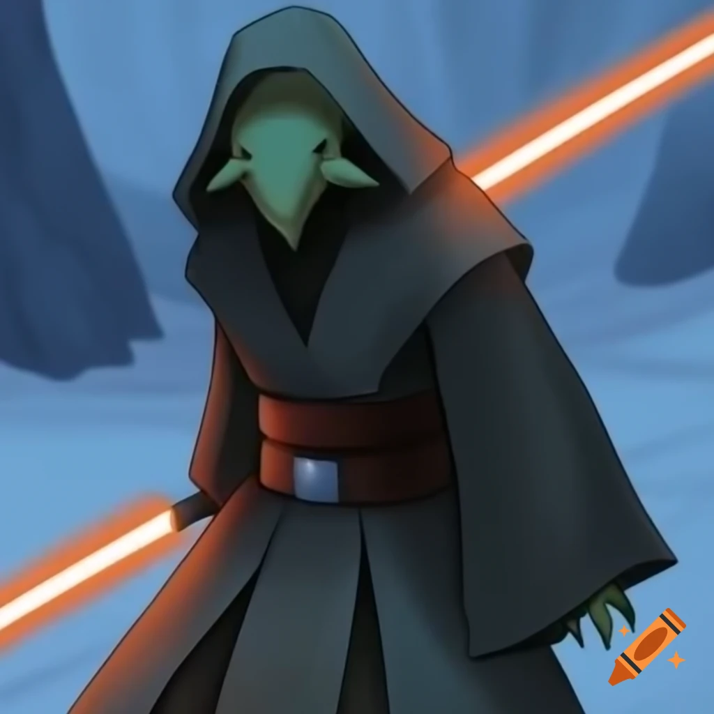 Weathered Jedi Master resembling Pokemon in snow landscape with orange Lightsaber