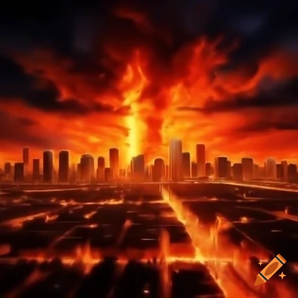Dramatic depiction of flames engulfing Los Angeles skyline at night