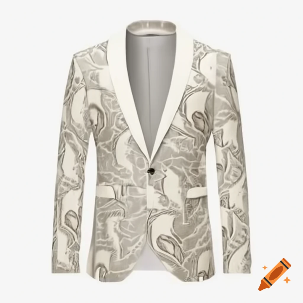 Cream white paisley tuxedo jacket displayed front view