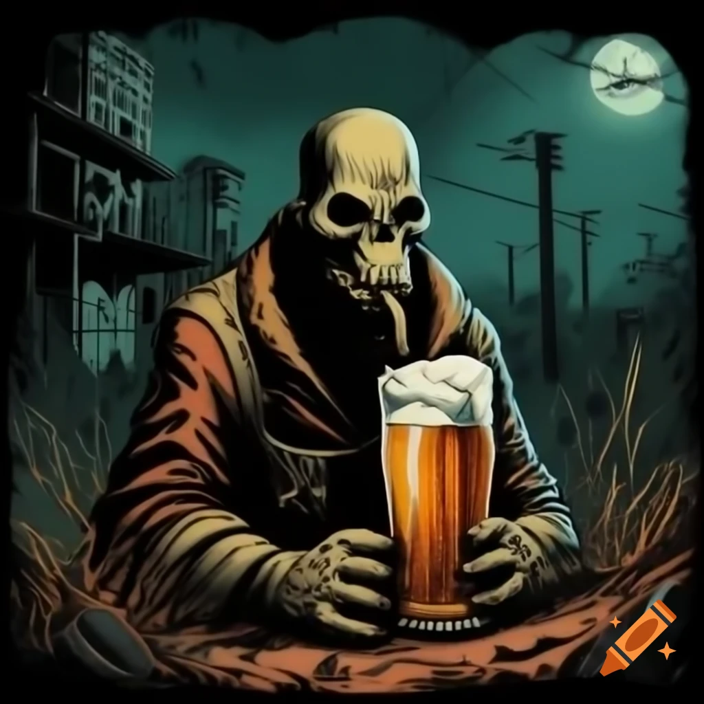 Man drinking beer in dark post-apocalyptic setting with abandoned buildings