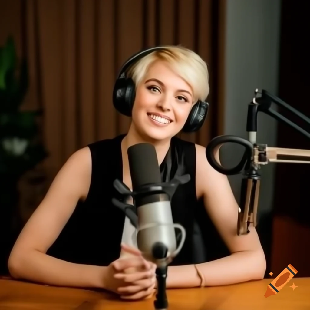 Young female podcast host with blonde hair and blue eyes smiling at table with microphone