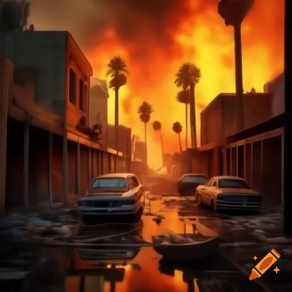 Apocalyptic scene of Los Angeles engulfed in flames