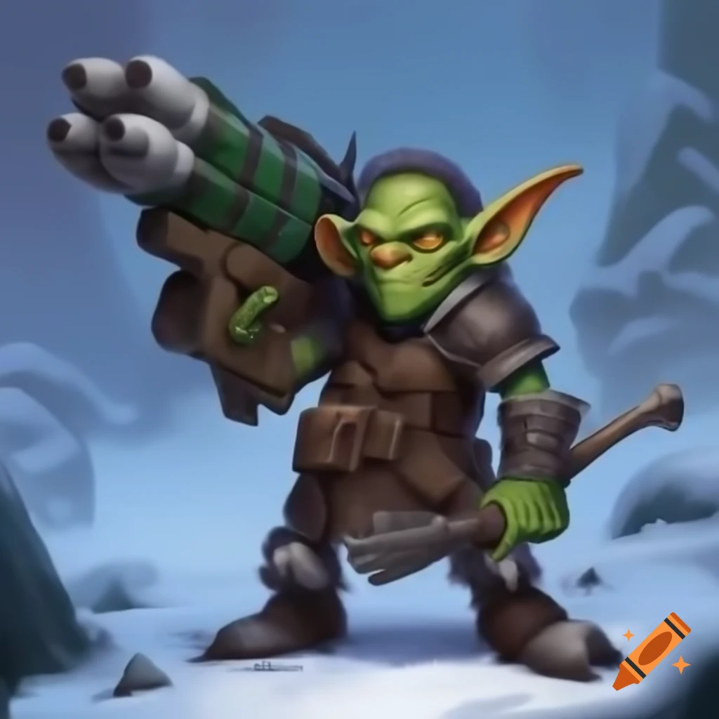 Goblin with rocket launcher in snowy landscape