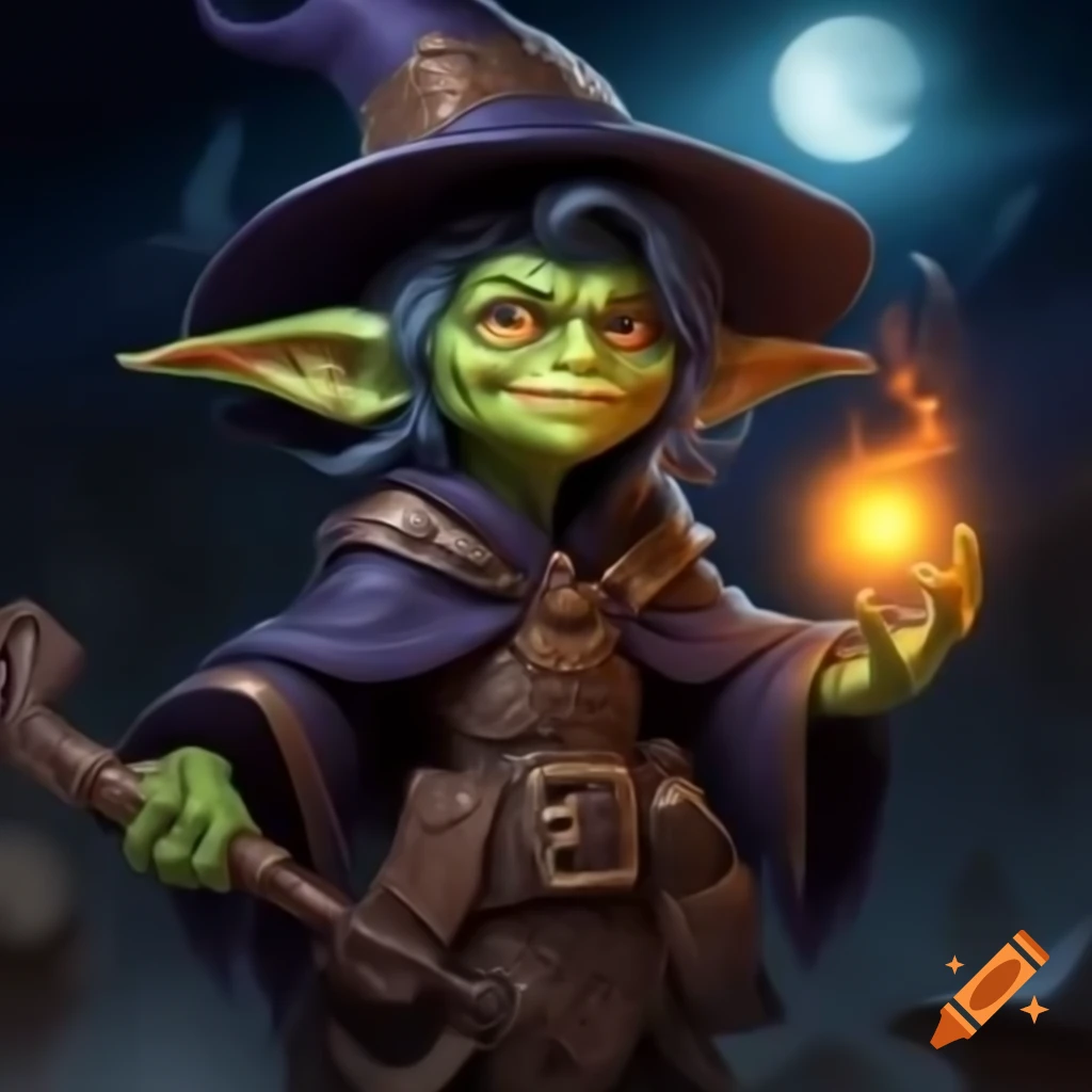 Mischievous goblin in witch's garb casting a spell under pale moonlight