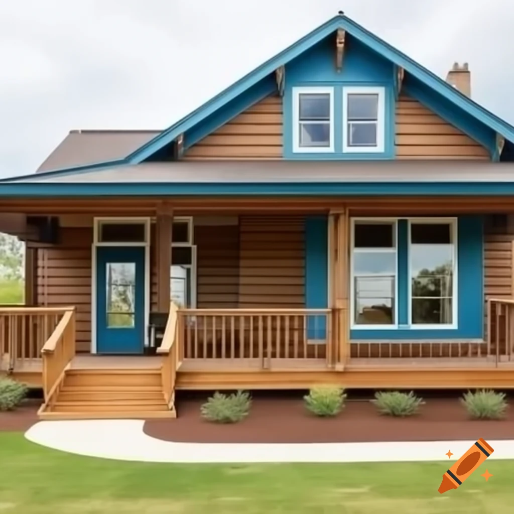 Brown ranch style house with blue porch and bay window