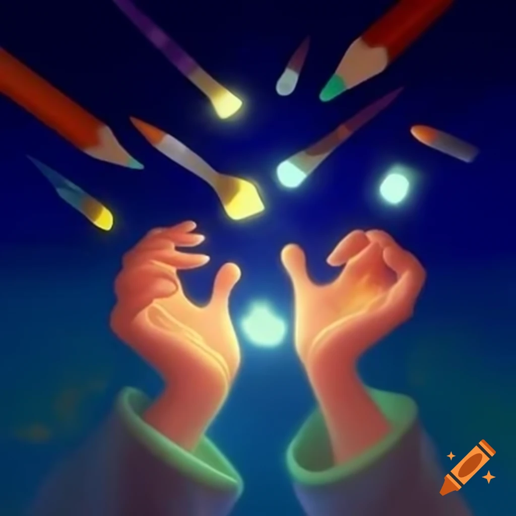 Cartoon hands creating lights with pens and paint brushes