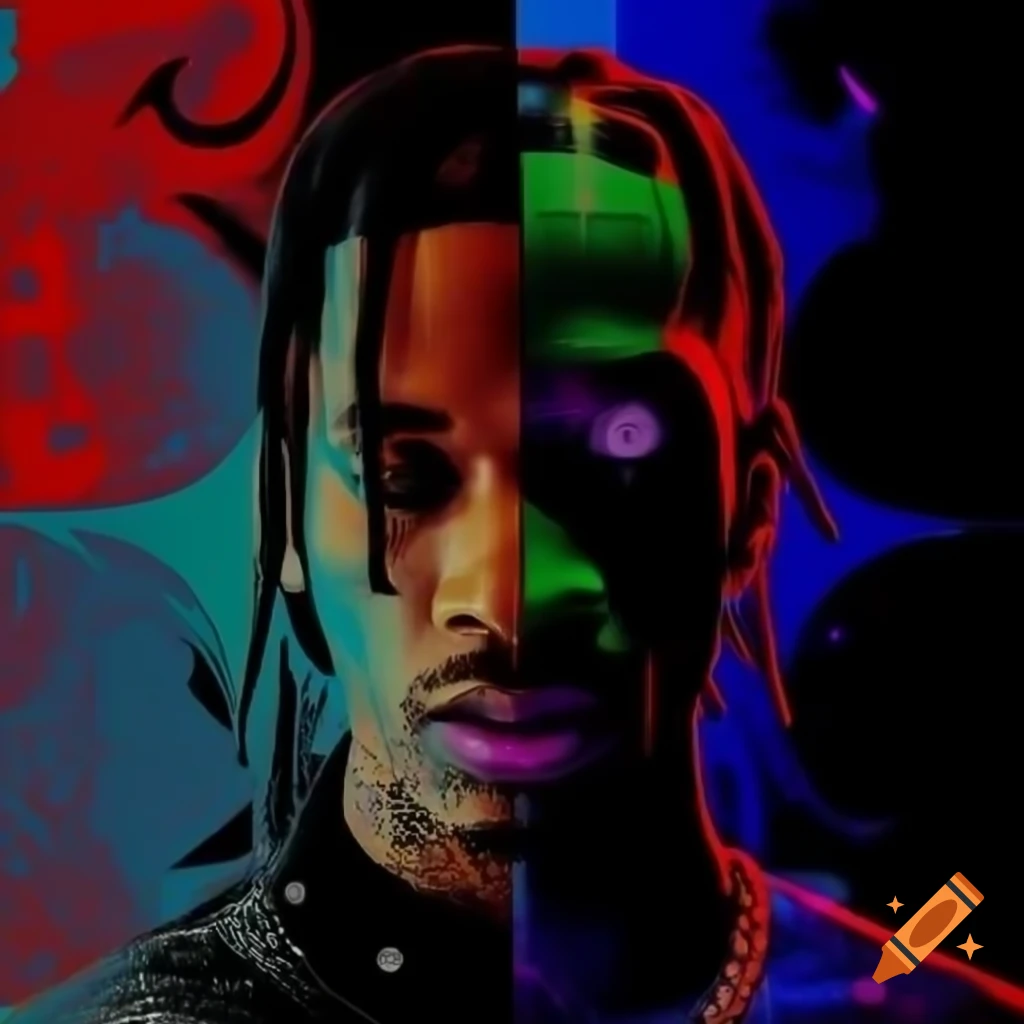 Vibrant and artistic album cover featuring Travis Scott with surreal design