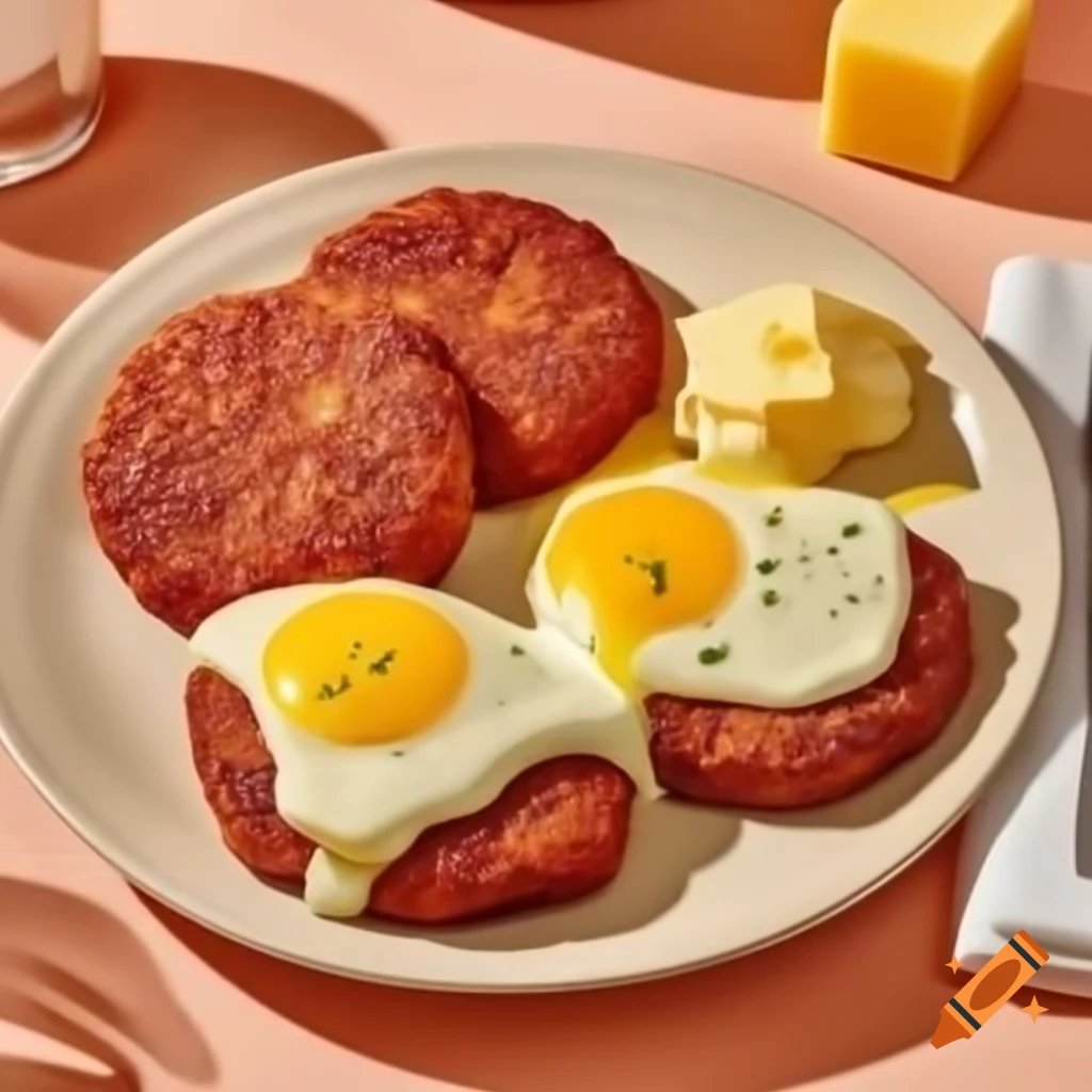 Plate of three pork sausage patties and two eggs with butter