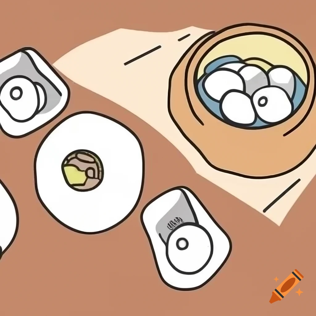 Minimalist representation of Chinese food including dim sum, noodles, and soup on a table