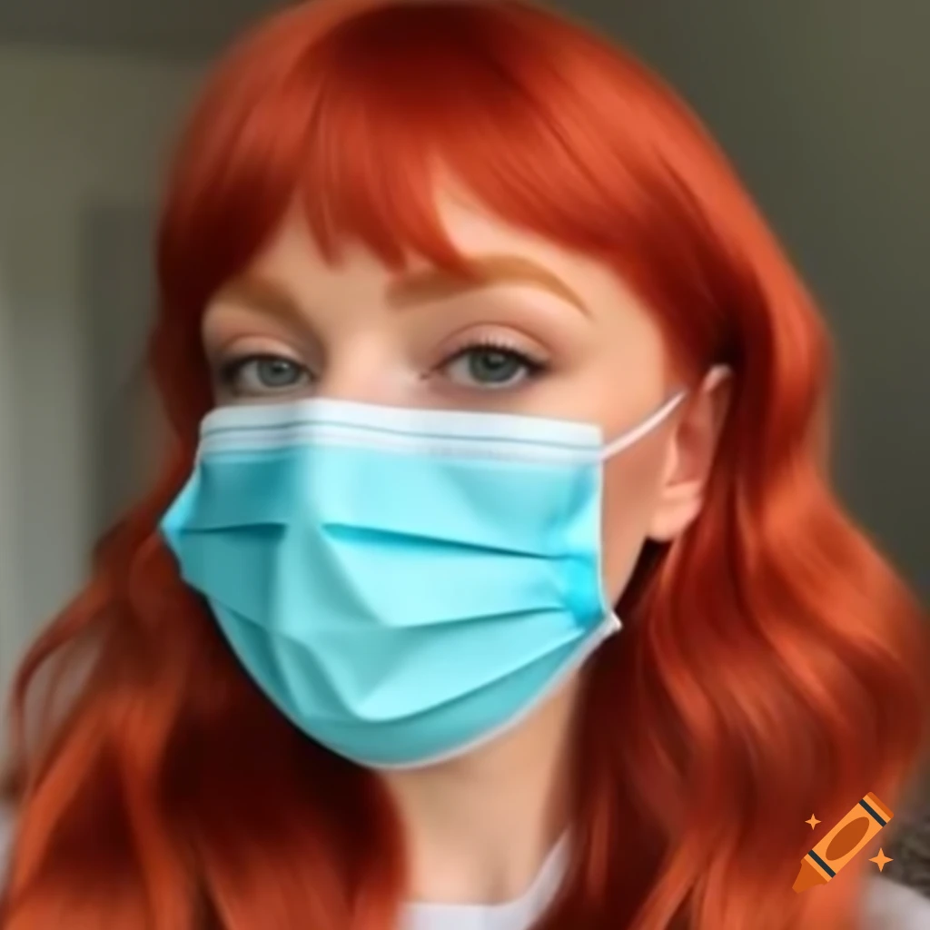 Stylish woman with red hair wearing a fashionable surgical mask on Craiyon