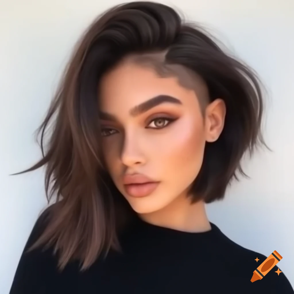 Young woman with thick dark brown undercut asymmetrical bob hairstyle ...