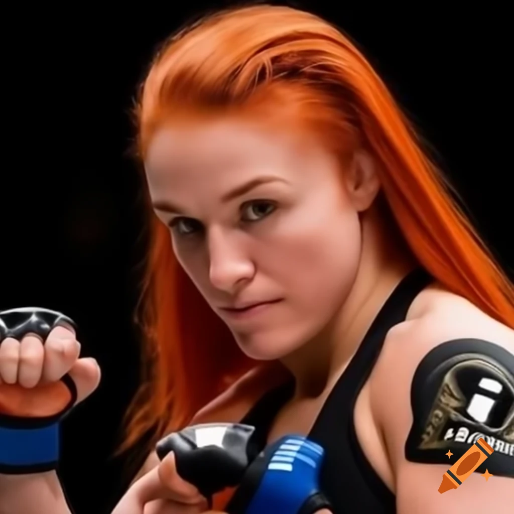 Female MMA fighter with light redhead ponytail