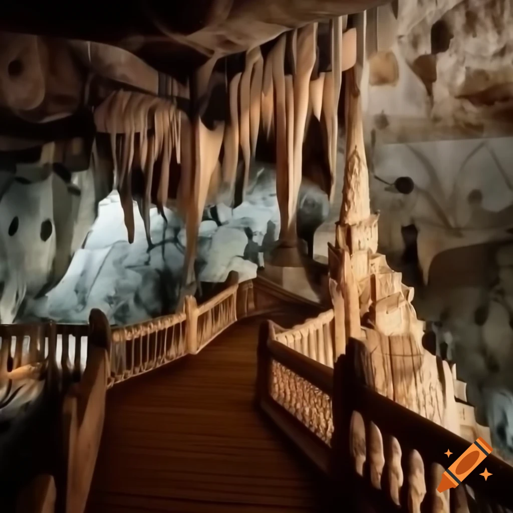 Large cavern with stalactites and carved stone staircase