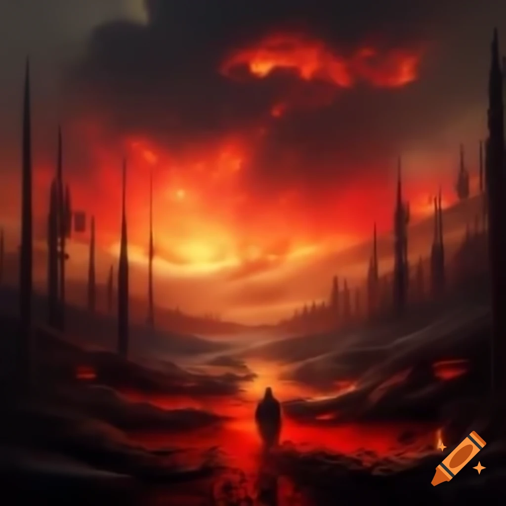 Apocalyptic scene of California wildfire with fiery sky and charred trees