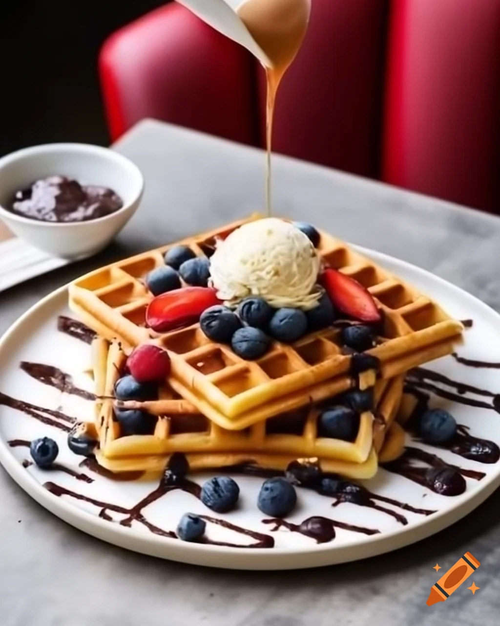 Belgian waffles topped with berries, ice cream, and chocolate sauce