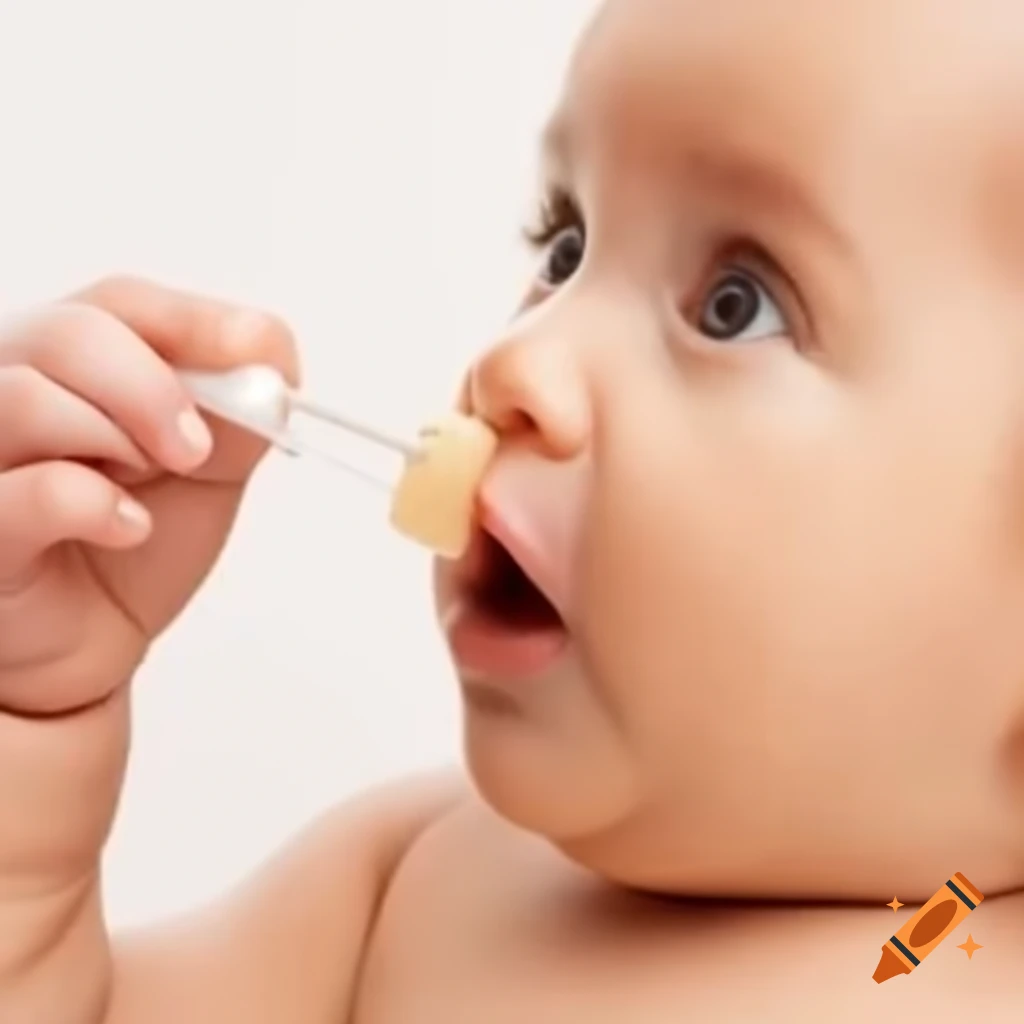 Baby with unique eyes next to liposomal supplement in syrup form