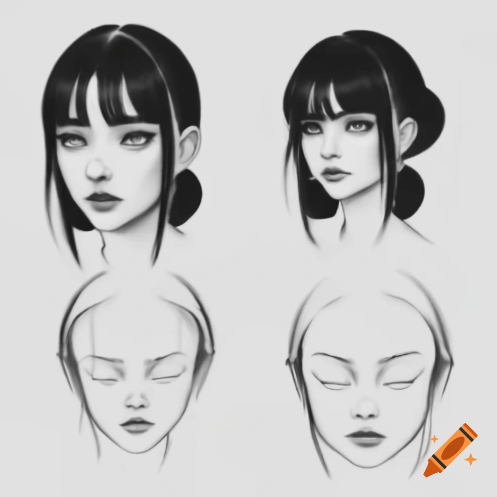 Realistic black and white sketch of a female half body with a low bun and side bangs