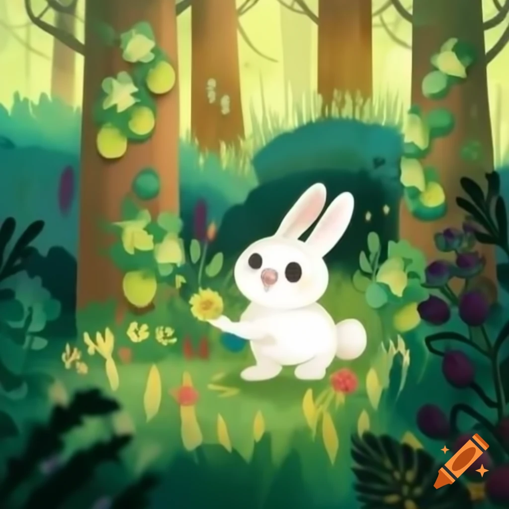 Fluffy white bunny hopping through vibrant forest with colorful flowers and trees