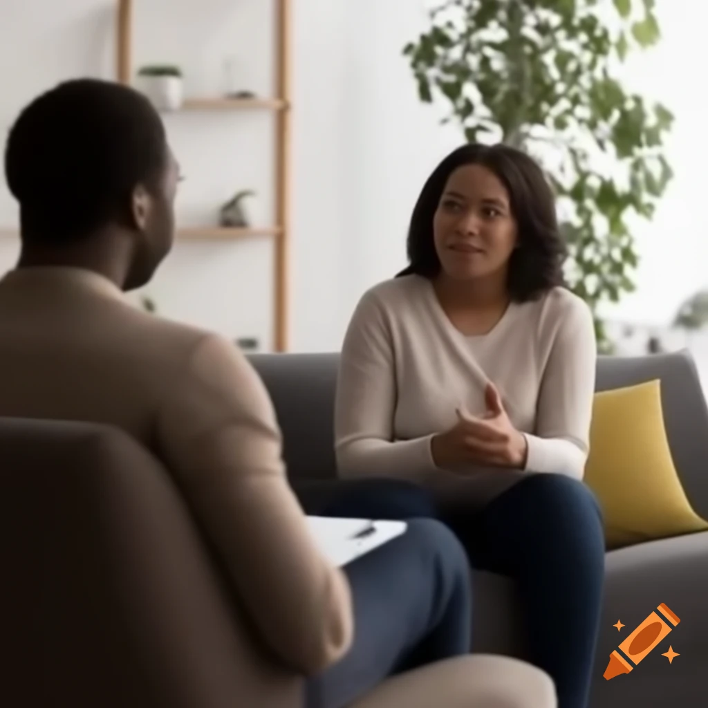 African American woman talking to male therapist on couch