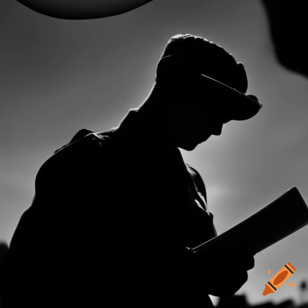 Silhouette of military person holding resume and deep in thought with text bubble