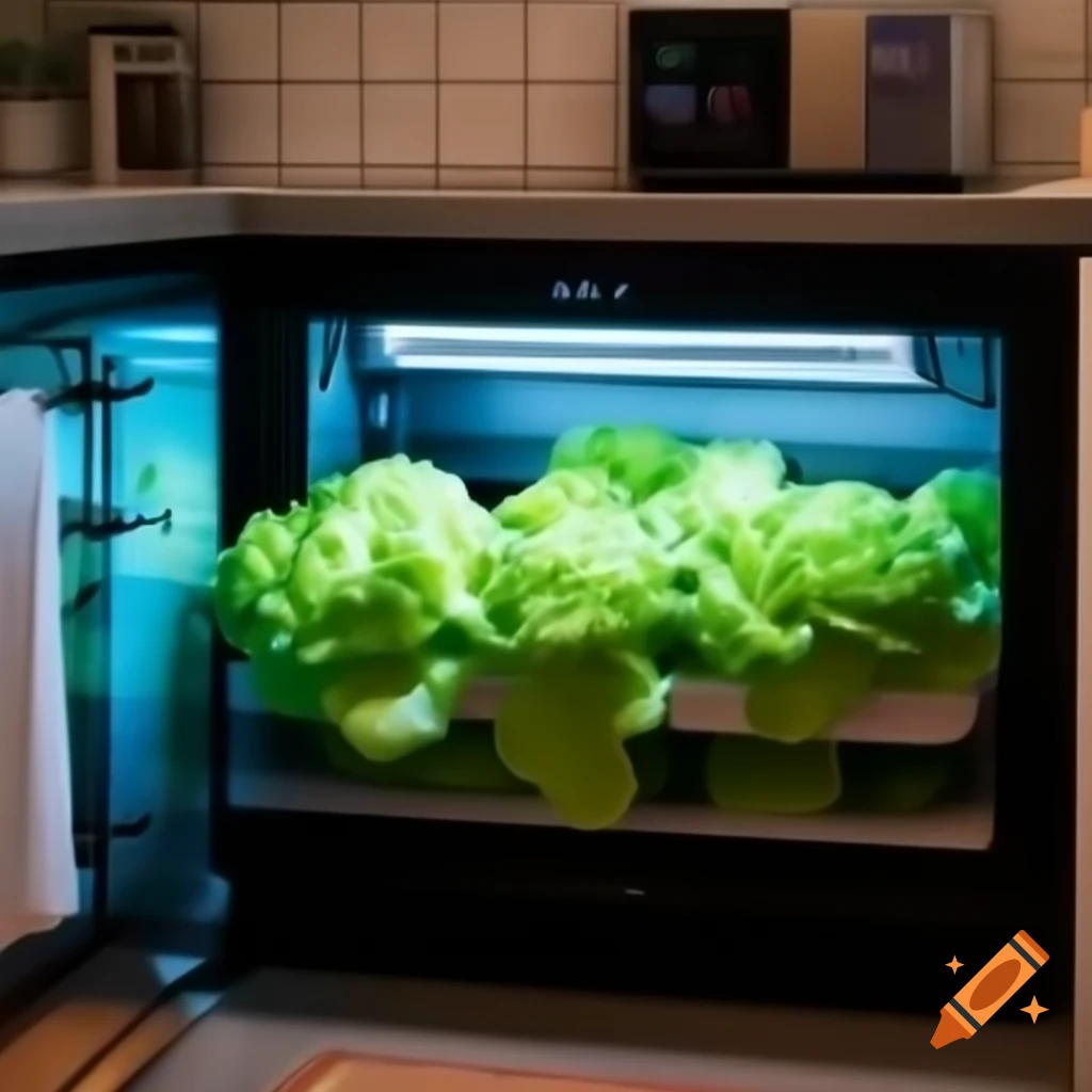 Under countertop hydroponic appliance for growing lettuce with glass doors and LED light