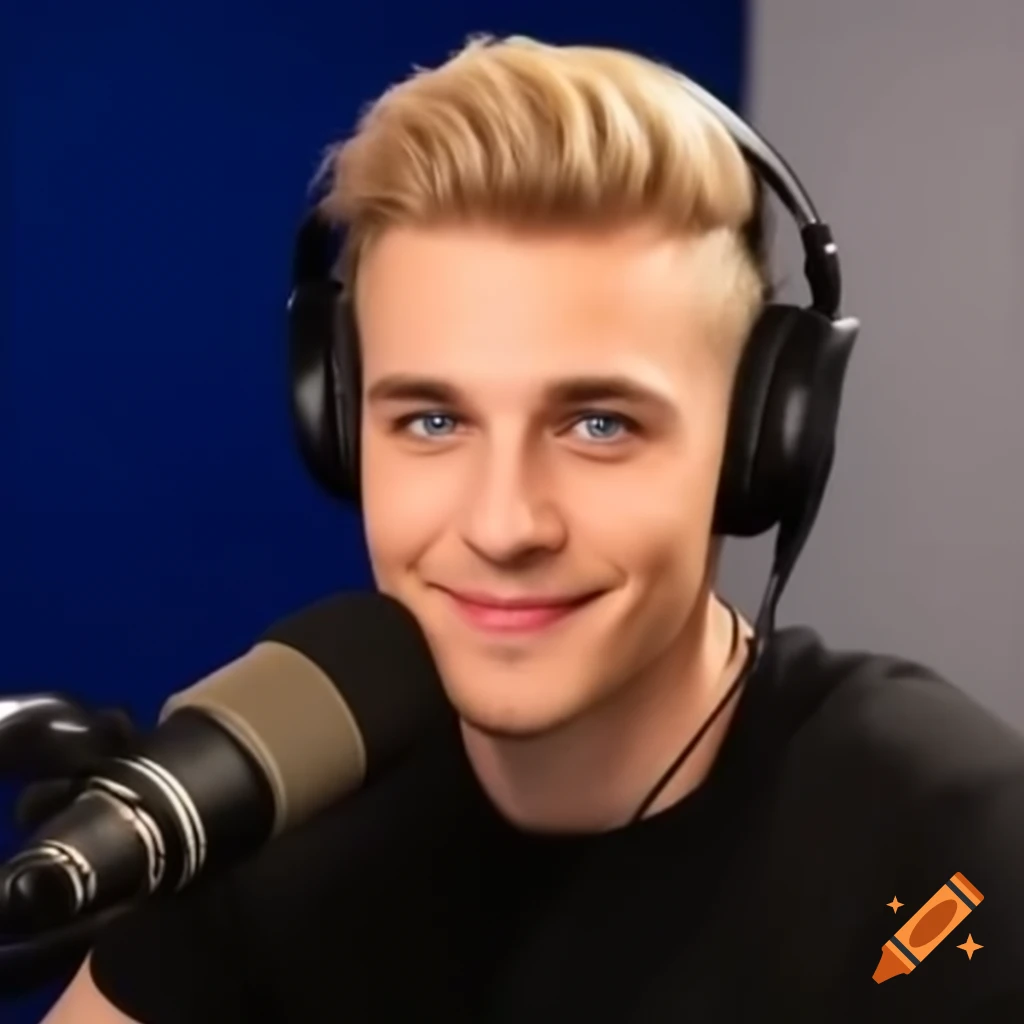Engaging young podcast host with headphones in front of microphone