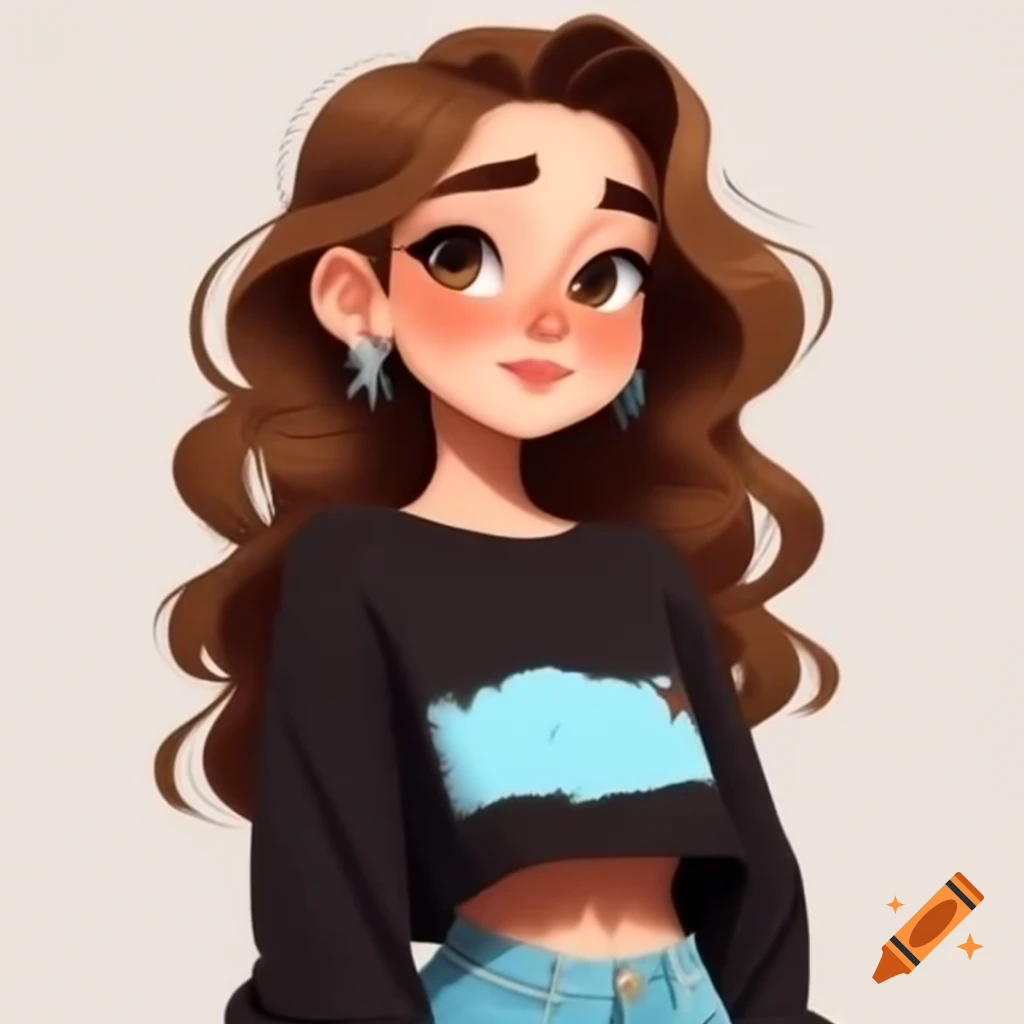 Brown long-haired girl in black jumper and baggy jeans against simple background
