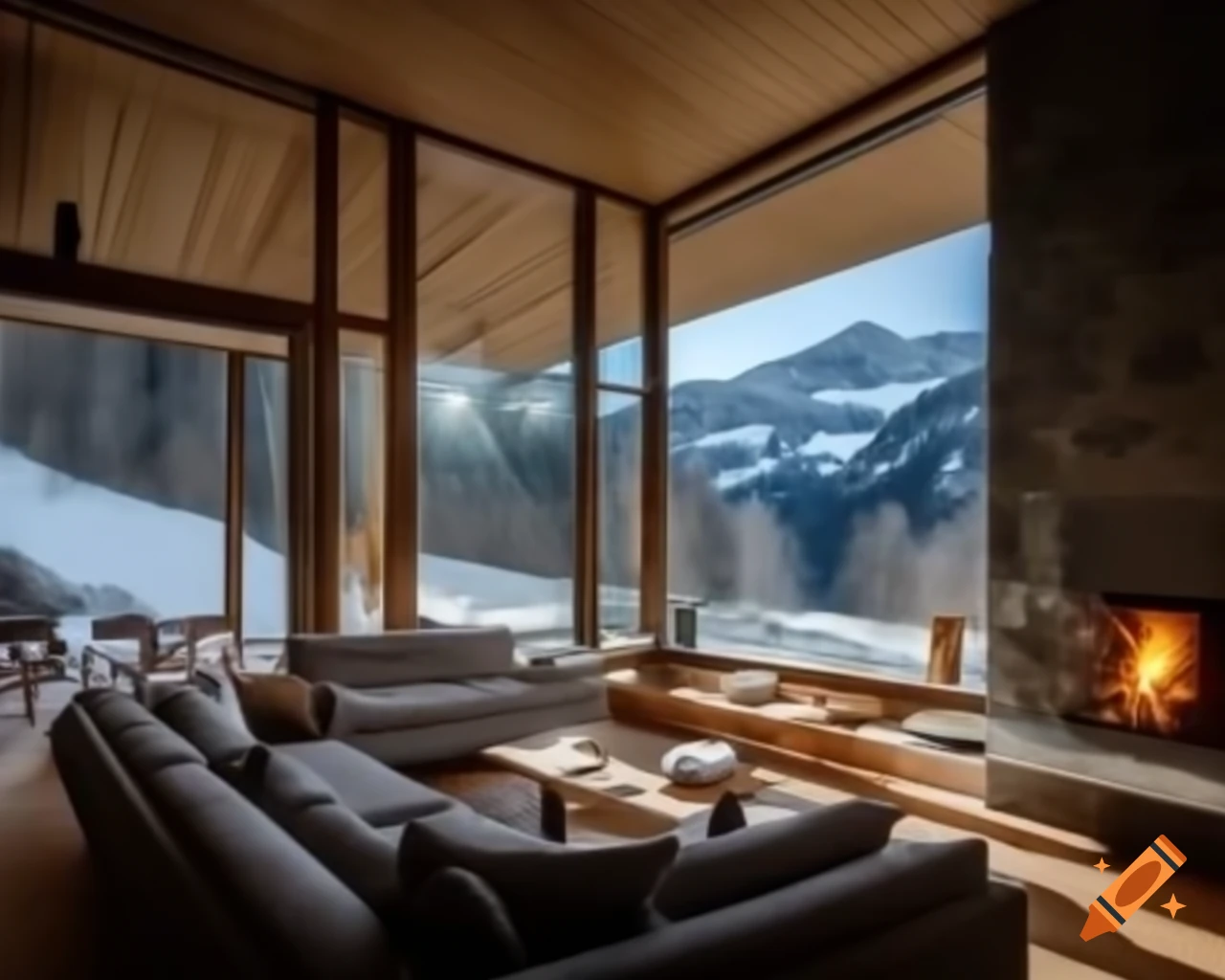 Interior of mountain chalet living room with wooden floors and modern ...