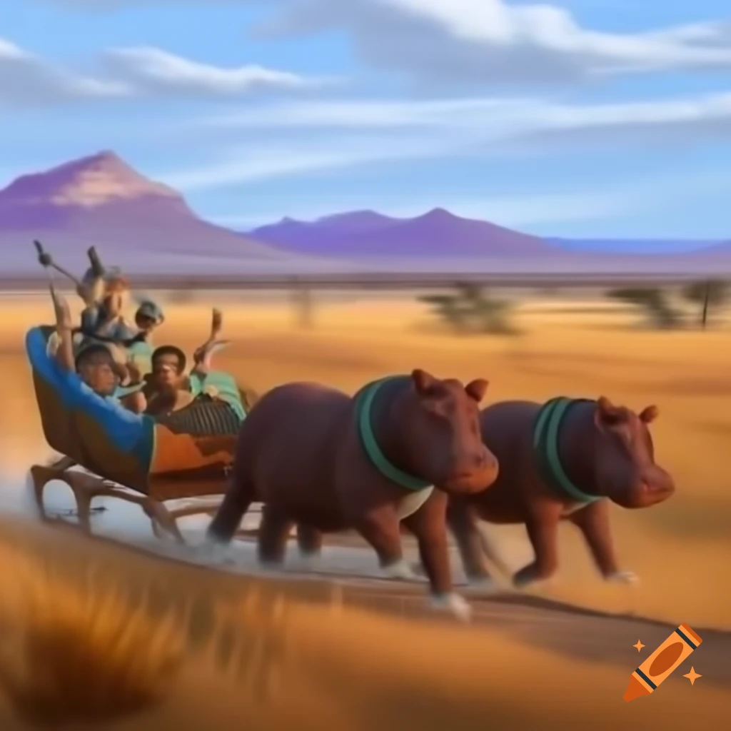 Hippopotamus pulling sled across the savannah