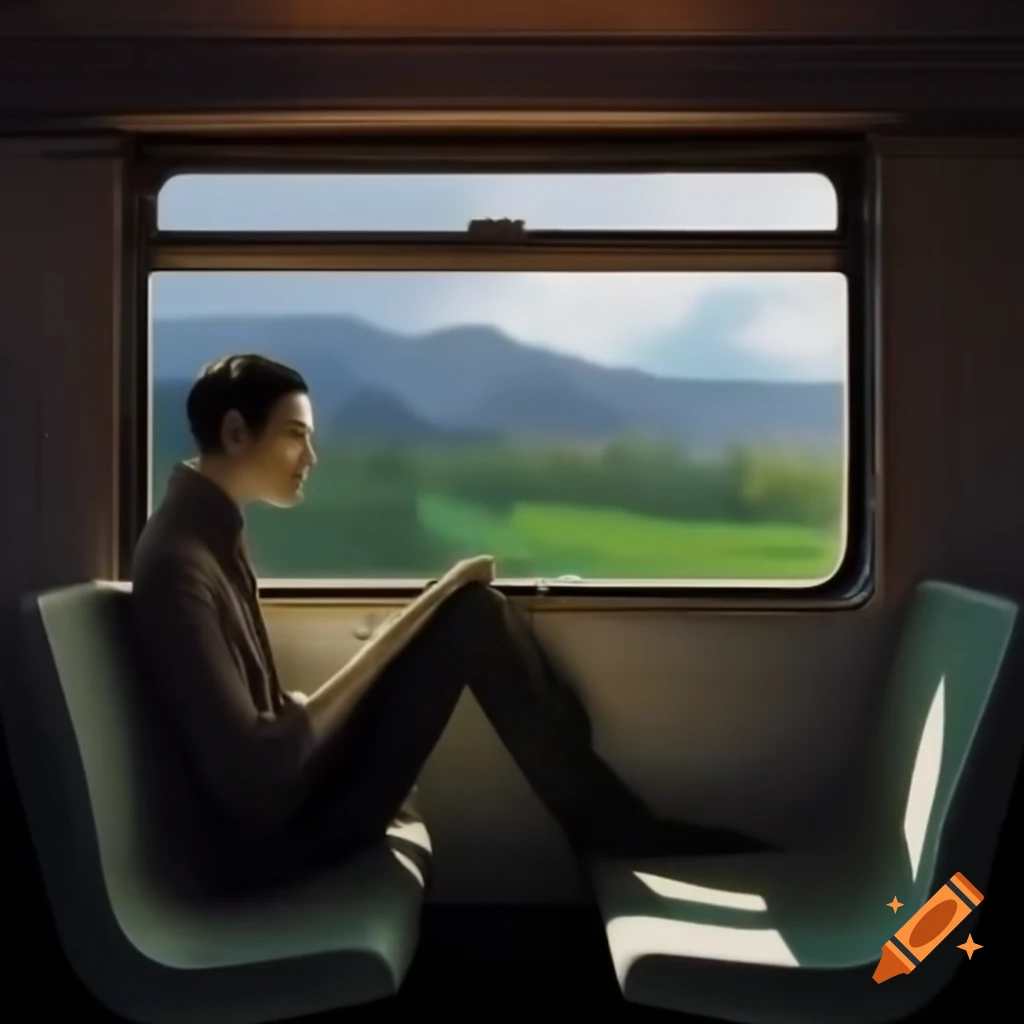 Lone figure through train window, reflecting on passing landscape