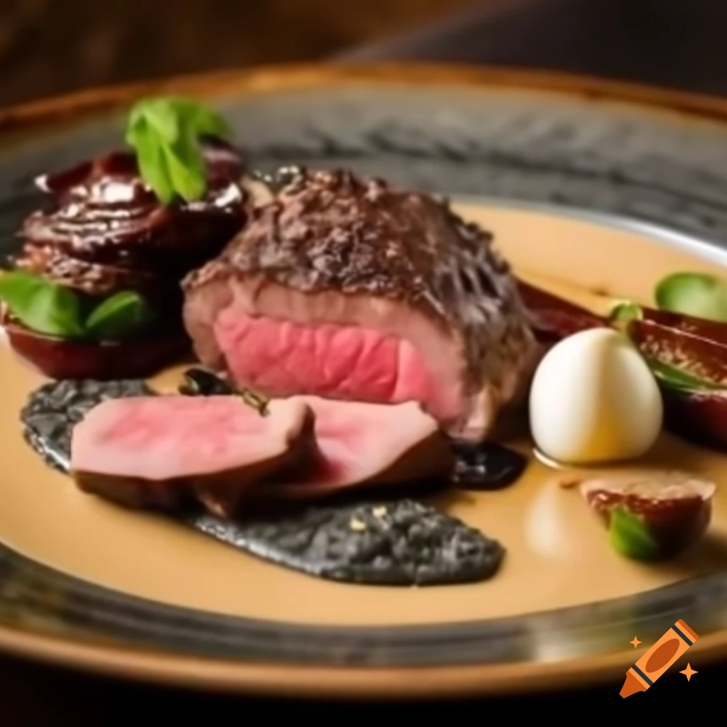 Gastronomic dish featuring perfectly grilled steak with colorful roasted vegetables and creamy puree