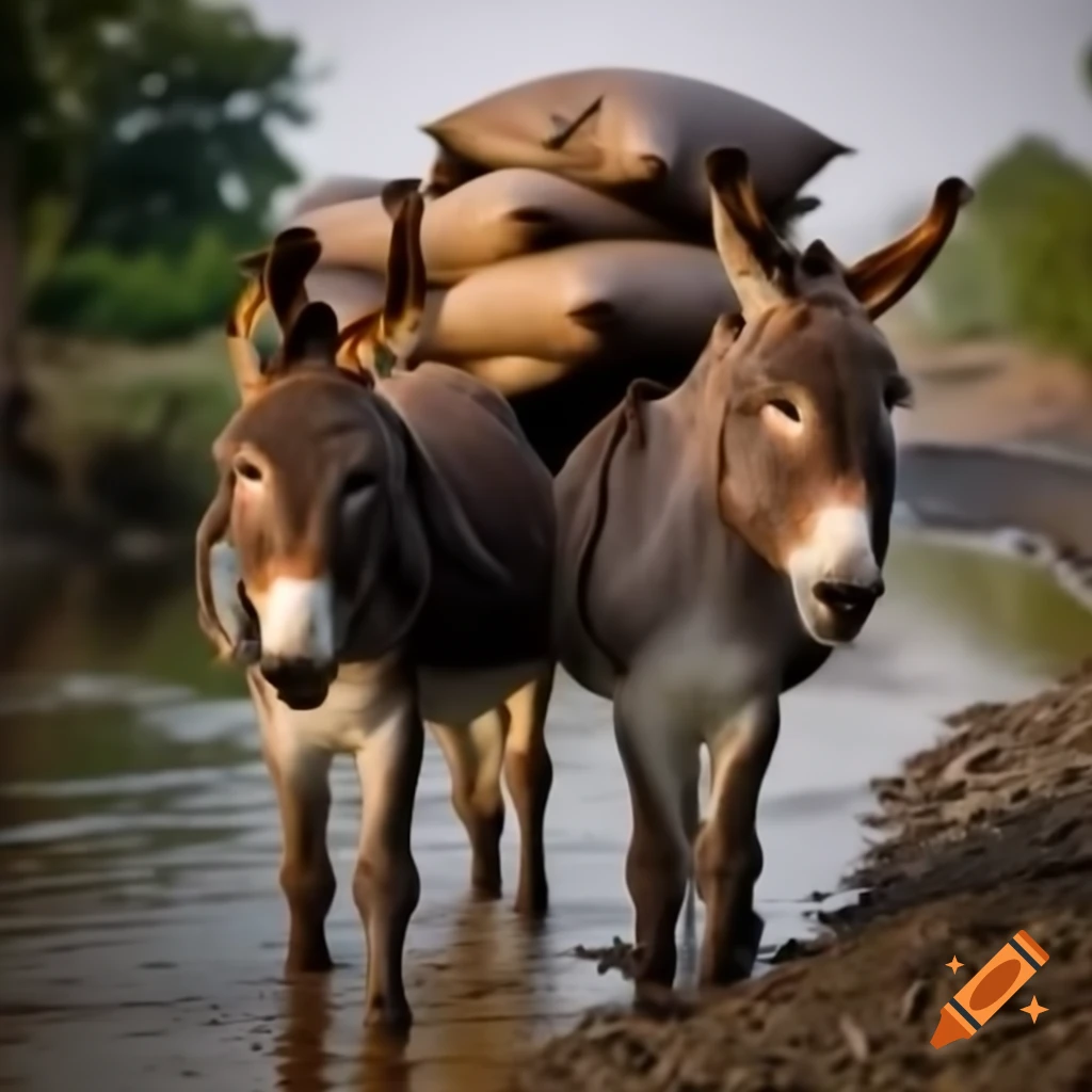 Two donkeys traveling in a village, one carrying goods and the other bags of salt