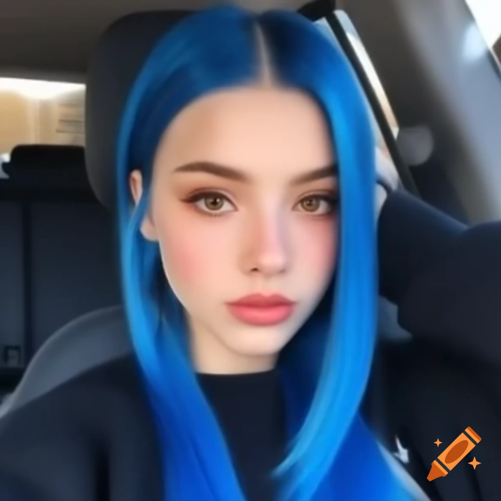 Close-up portrait of a young woman with vibrant blue hair and soft ...