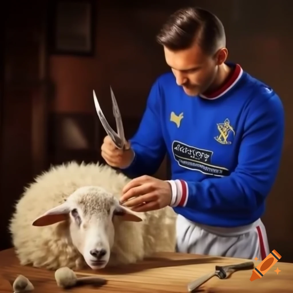 Man in Rangers FC shirt using scissors to shear a sheep on Craiyon