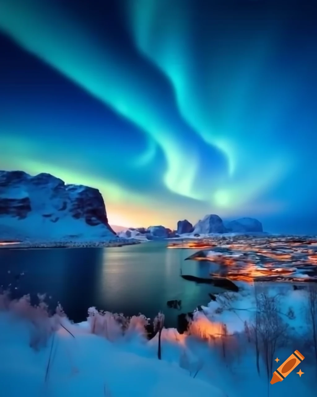 Aurora borealis illuminating Norwegian sky at sunset over snow