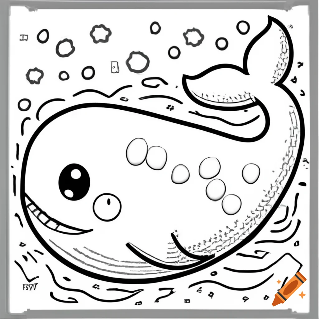 Cartoon-style happy whale swimming, black and white design for coloring