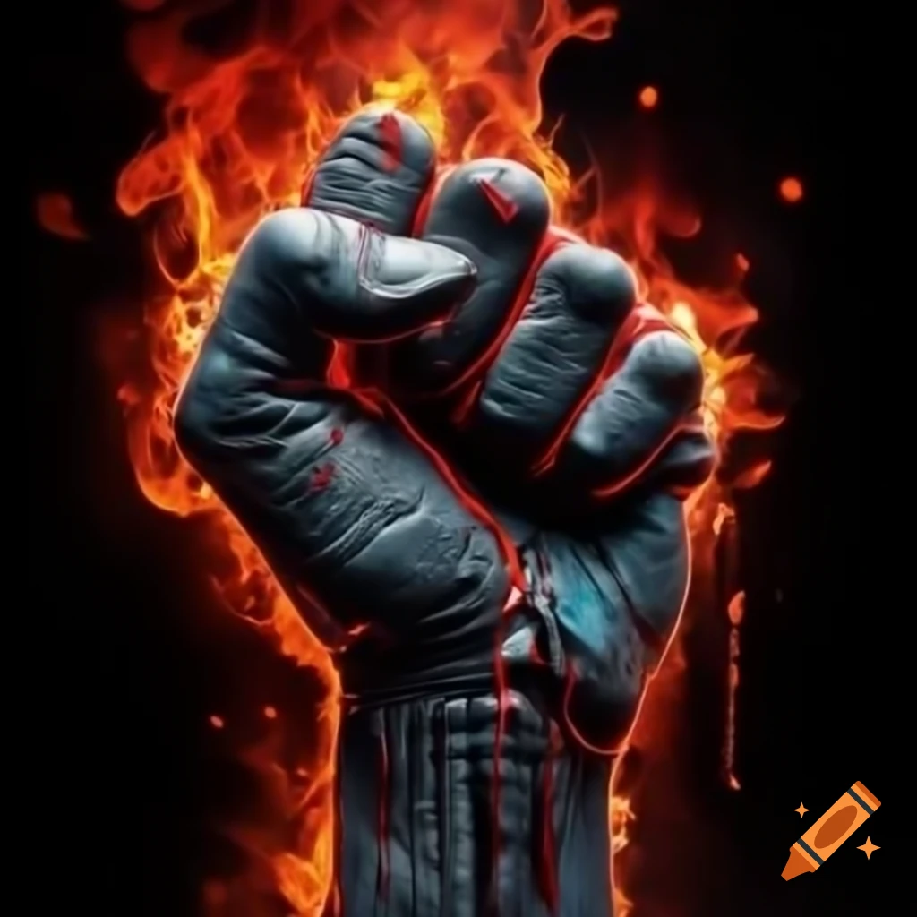 Silhouette of black power fist with blood drops against fiery background