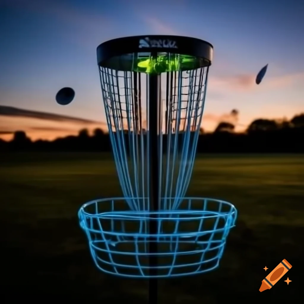 Disc golf basket illuminated with neon lights in evening field with flying frisbee