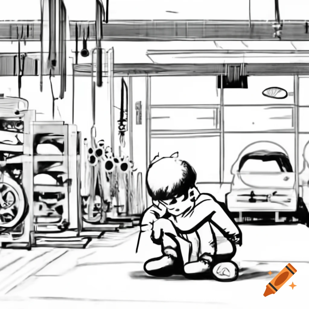 Sad man sitting in a car service center