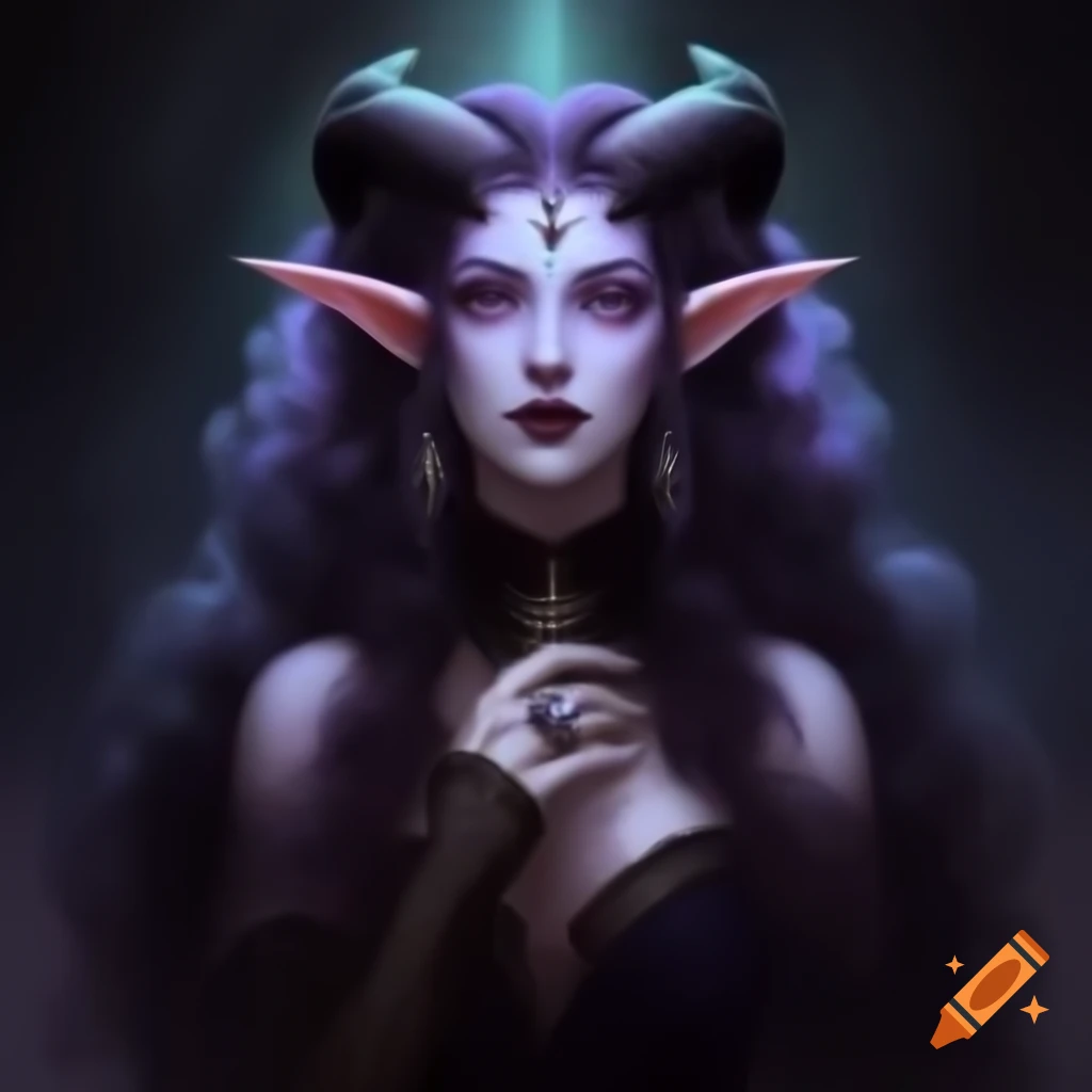 Portrait of female tiefling with white skin, purple eyes, and black ...