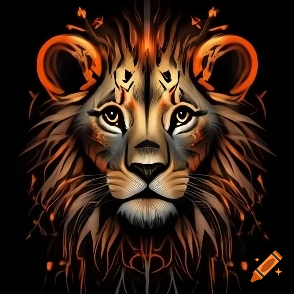 Intricate glowing line art of a lion cub headshot with orange-red patterns on black background