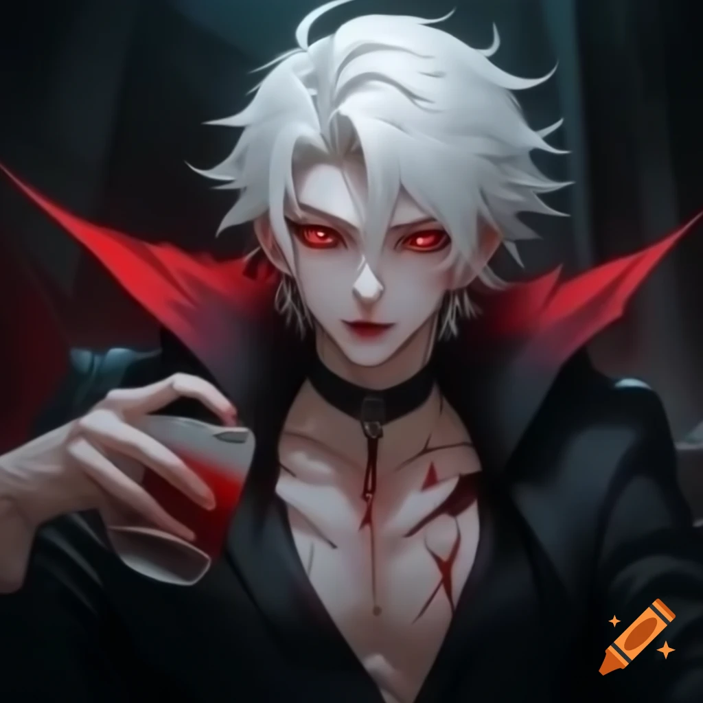 Illustration of young vampire man with white hair and red eyes, elegantly dressed
