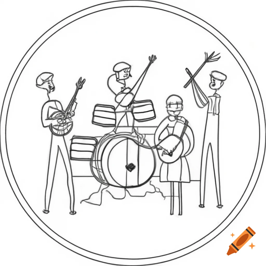 Line drawing of blues band featuring woman with banjo, drummer ...