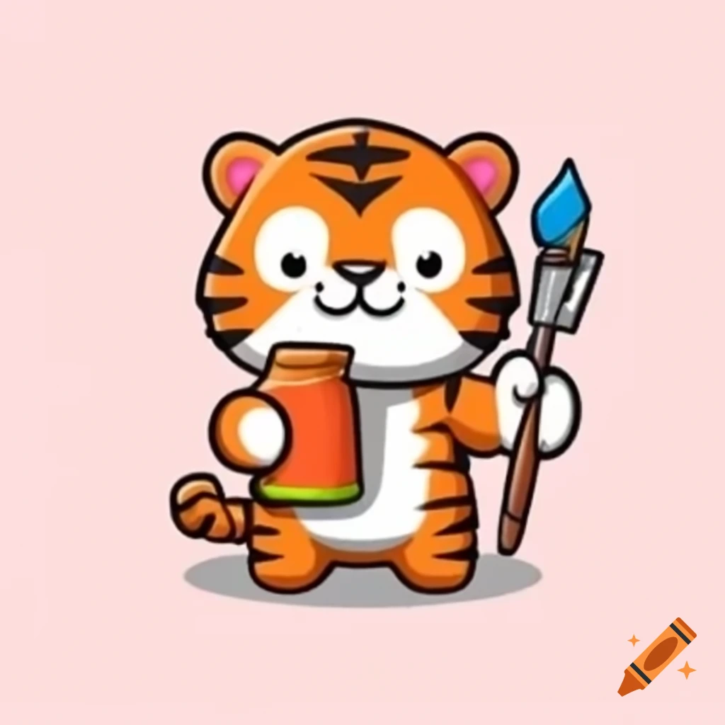 Tiger holding paintbrush for coloring page, line art style