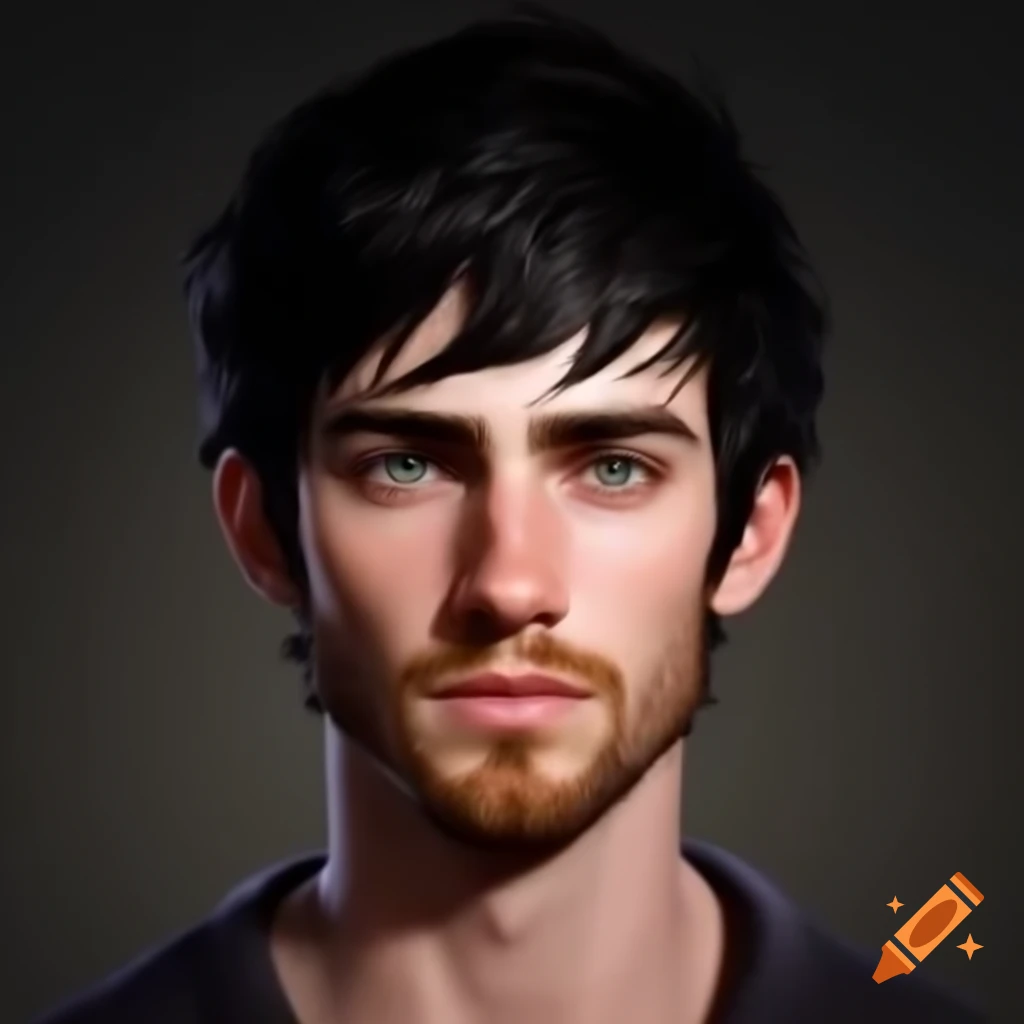 Photorealistic digital portrait of young man with black hair and hazel eyes