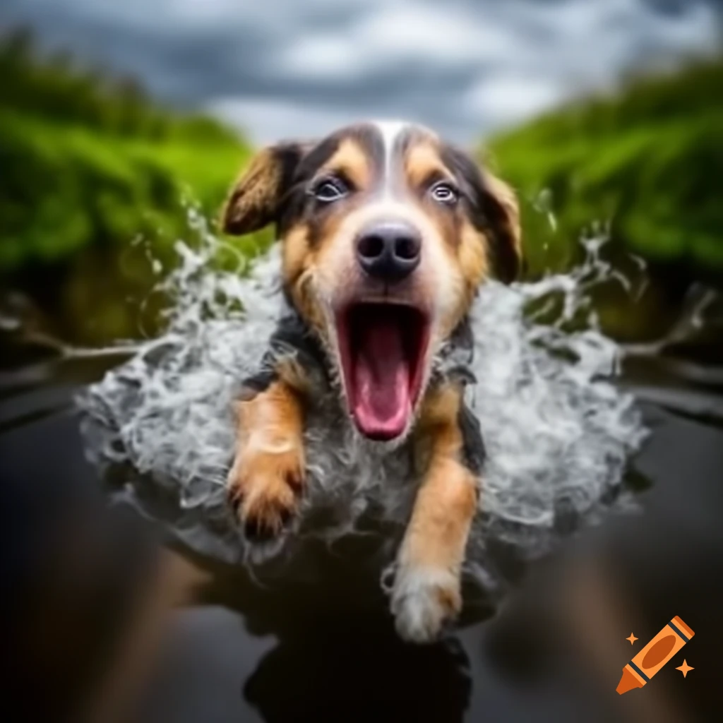 Puppy struggling in fast-flowing canal, rescued by courageous rabbit with branch