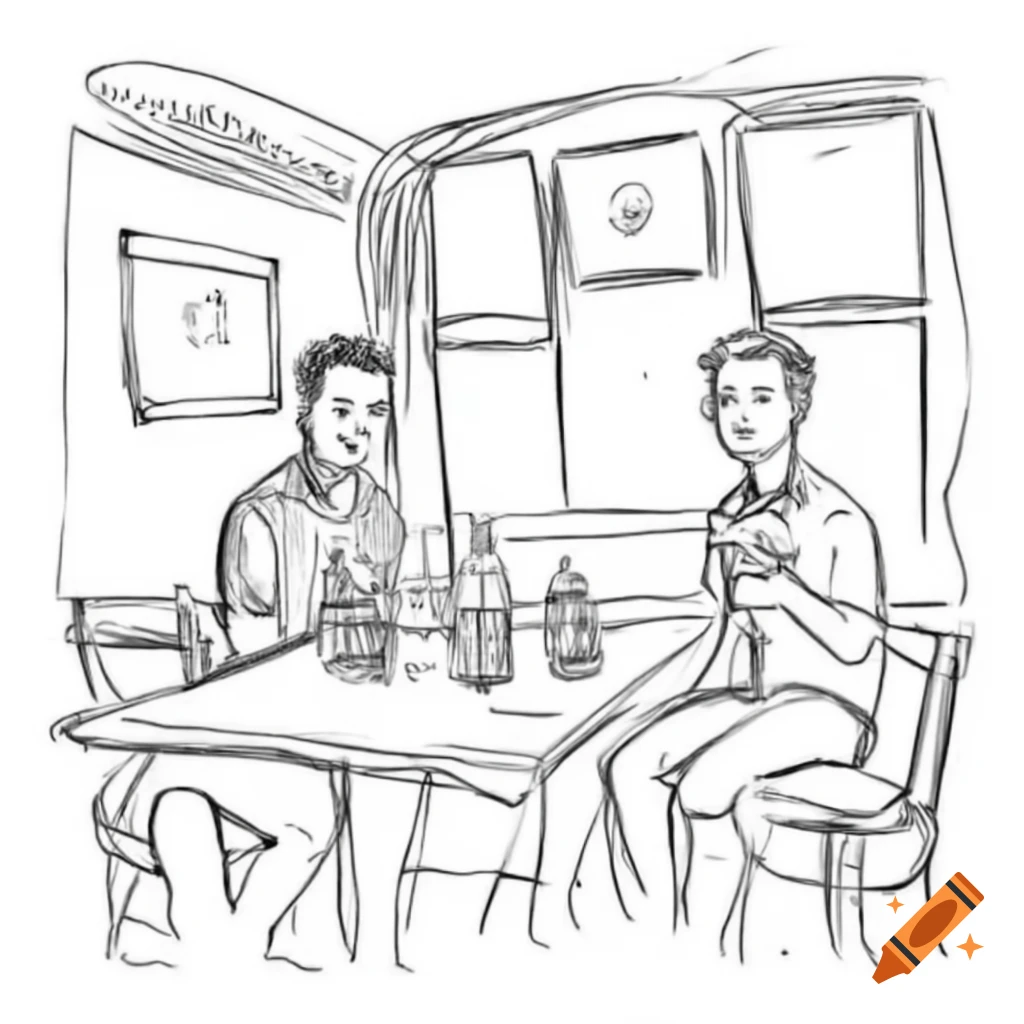 Two young men dining in a cozy pub called 'The Bow'